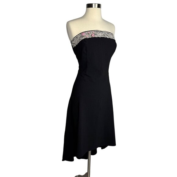 Vintage Y2K Whimsigoth Black Strapless Dress Lace Trim & Pink Floral Embroidery - Picture 6 of 11
